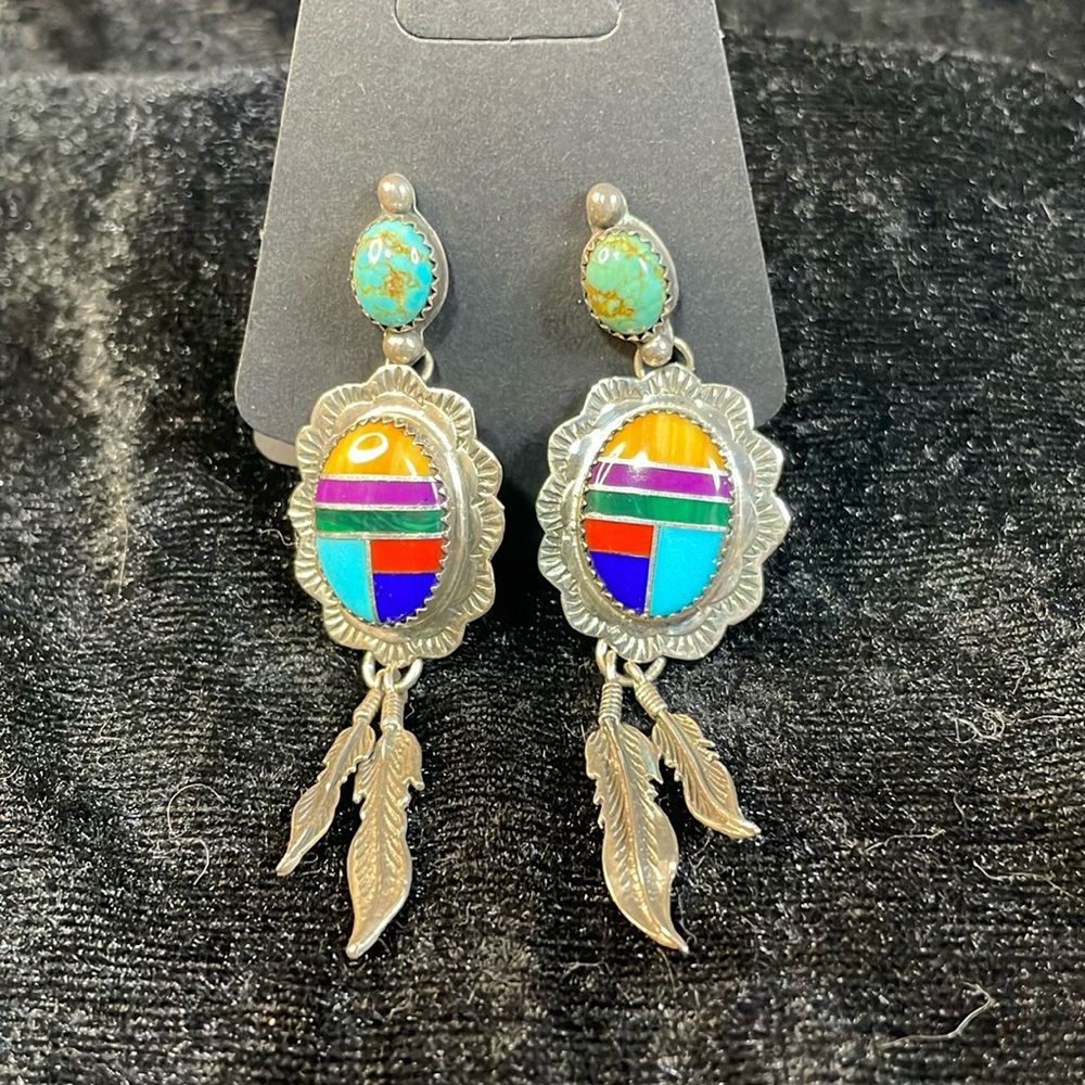 Vintage Sterling silver inlay feather earrings.